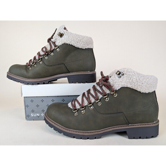 Sun Stone Glenn Winter Boots Mens 11 M Olive Faux Fur Trimmed Lace Up Shoes NWB - Picture 2 of 10